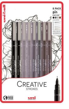 Rajzmarker készlet, UNI PIN "Creative Strokes", 8 különböző vonalvastagság, 4 szín
