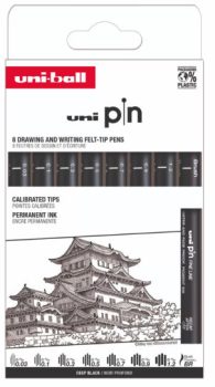 Rajzmarker készlet, UNI PIN "Classic", 8 különböző vonalvastagság, fekete