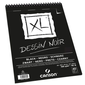 CANSON "XL" DESSIN NOIR, fekete fotókarton-tömb, rövid oldalán spirálkötött, mikroperforált 150g/m2 40 ív A3