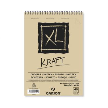 CANSON  "XL"  KRAFT, natúr barna színű csomagoló jellegű rajzpapír-tömb, rövid oldalán spirálkötött, mikroperforált 90g/m2 40 ív A5