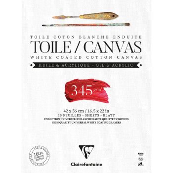 Festővászon tömb, alapozott, fehér - Clairefontaine 100% pamut, 345 gr/nm - 42x56 cm, 10 lap