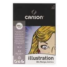 CANSON Illustration fehér, síma rajzpapír Manga, tömb rövid old. rag. 250g 12 ív A3